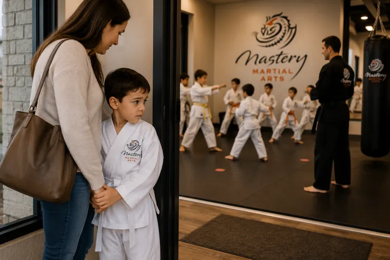Young child stays close to a parent while watching a new martial arts class with uncertainty.