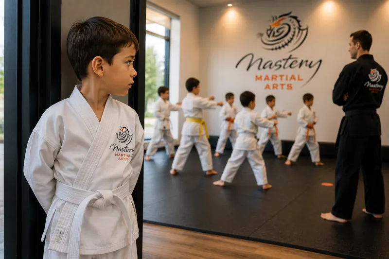 Young child watches an unfamiliar martial arts class while other children already know the routine.