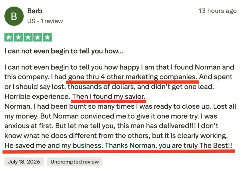 Five-star Trustpilot review from Barb: went through 4 other marketing companies and lost thousands, then Norman delivered — "He saved me and my business."