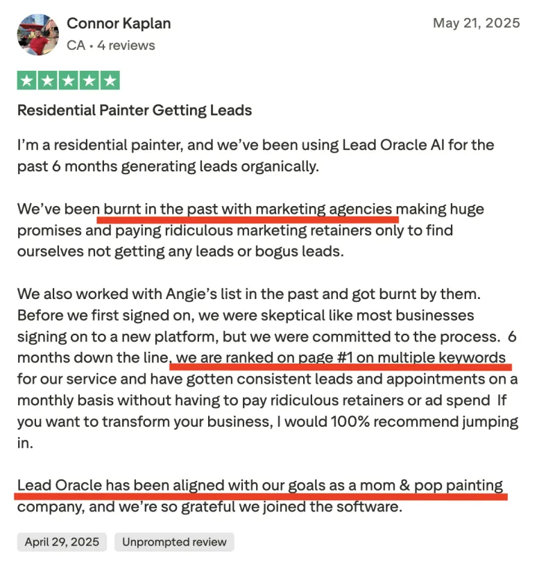 Five-star Trustpilot review from Connor Kaplan, residential painter: burnt by agencies and Angi before, now ranked page 1 on multiple keywords with consistent leads.