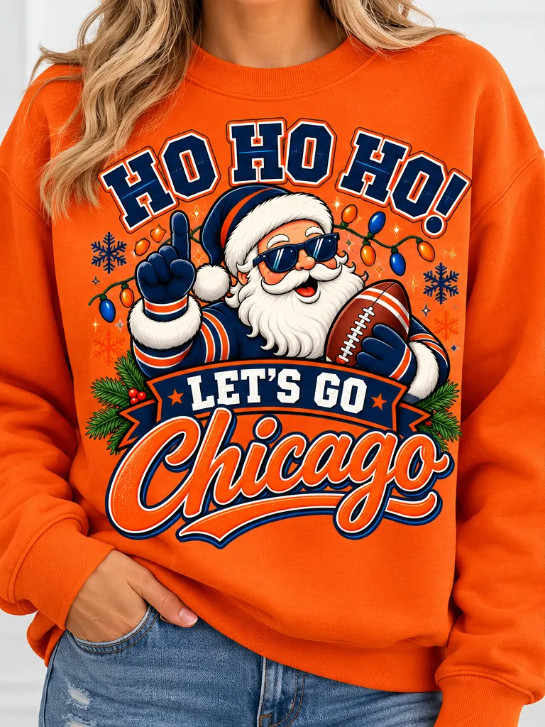 Chicago Football Ho Ho Ho Holiday Crewneck Sweatshirt – Orange or Navy Blue