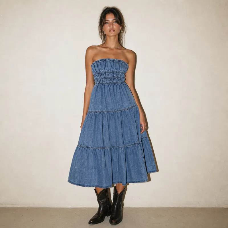 Vestido Denim Strapless Maxi