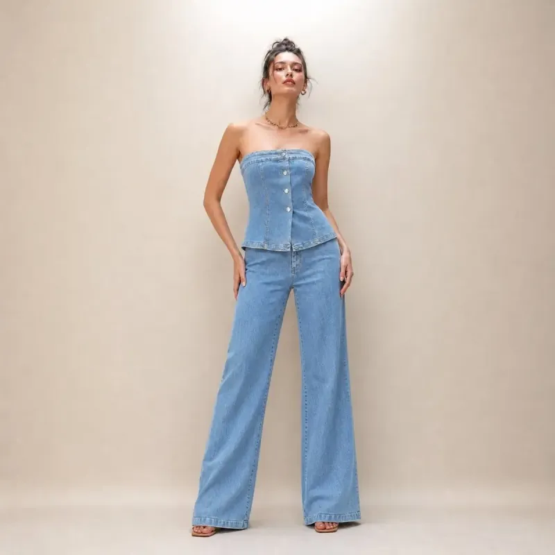 Jumpsuit Denim Strapless Wide Leg