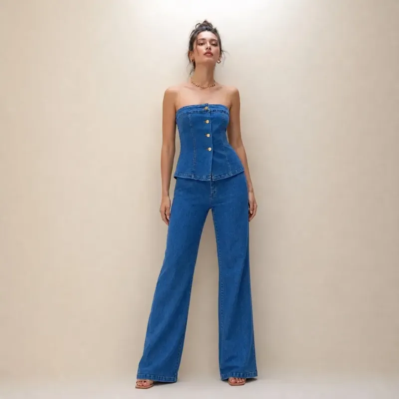 Jumpsuit Denim Strapless Wide Leg
