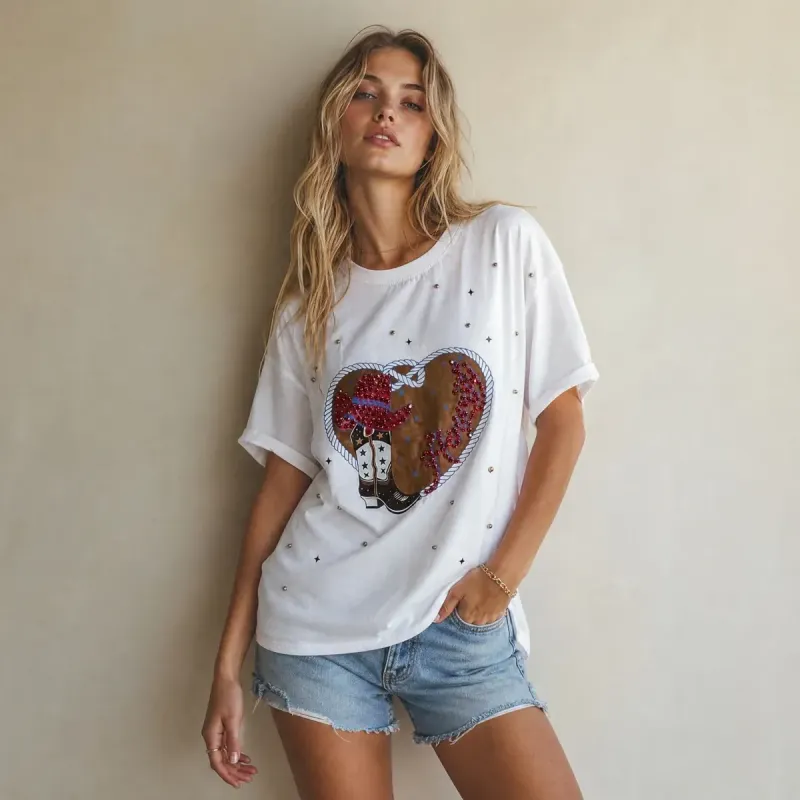Playera Cowboy Heart Rhinestone
