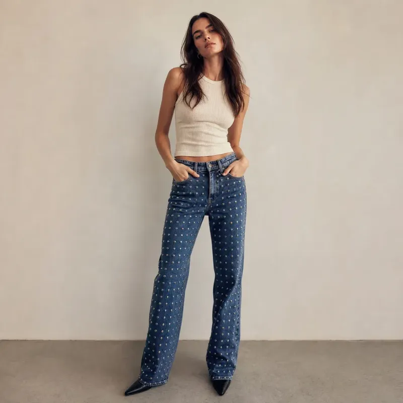 Jeans Denim Wide Leg Studded Glam