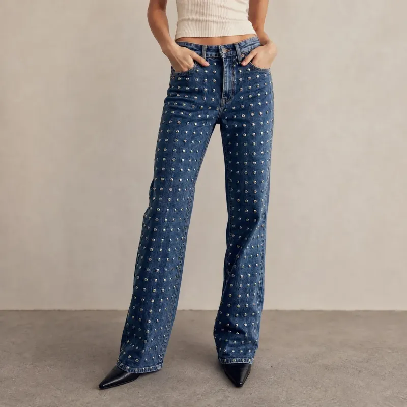 Jeans Denim Wide Leg Studded Glam