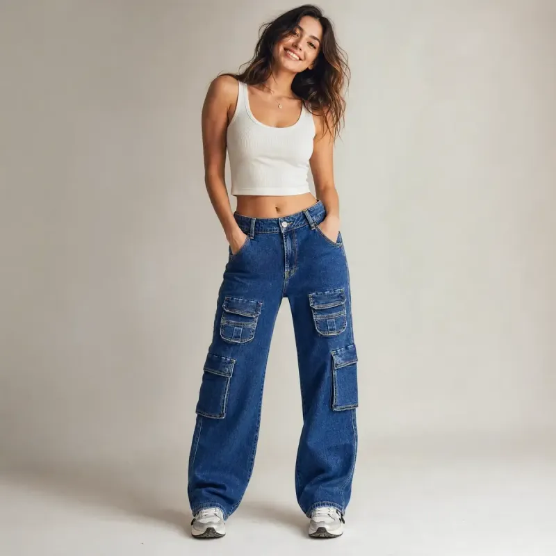 Pantalones Cargo Azul Denim Bolsillos Funcionales Estilo Editorial