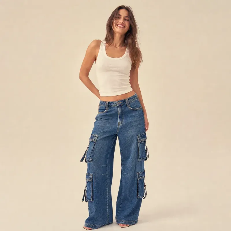 Pantalón Cargo Denim Wide Leg Azul BALAM