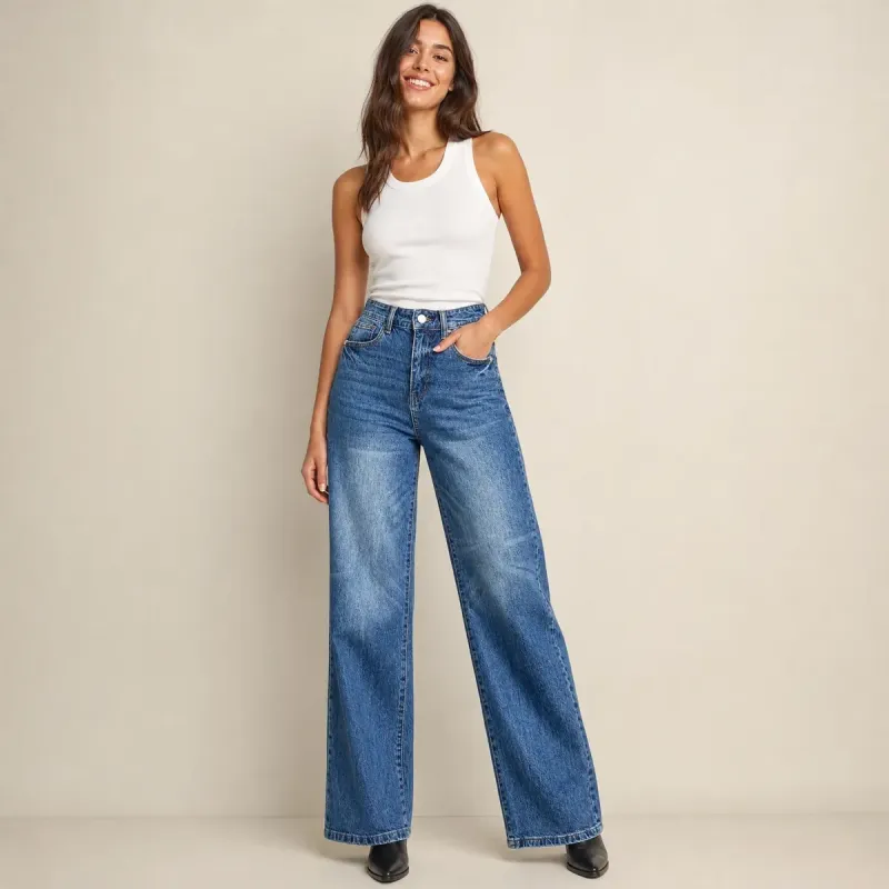 Jeans Wide Leg Azul Medio de Tiro Alto