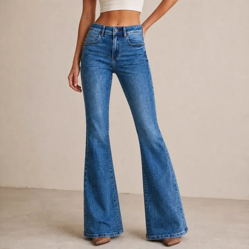 Jeans Flare Acampanados Azul Medio de Tiro Alto