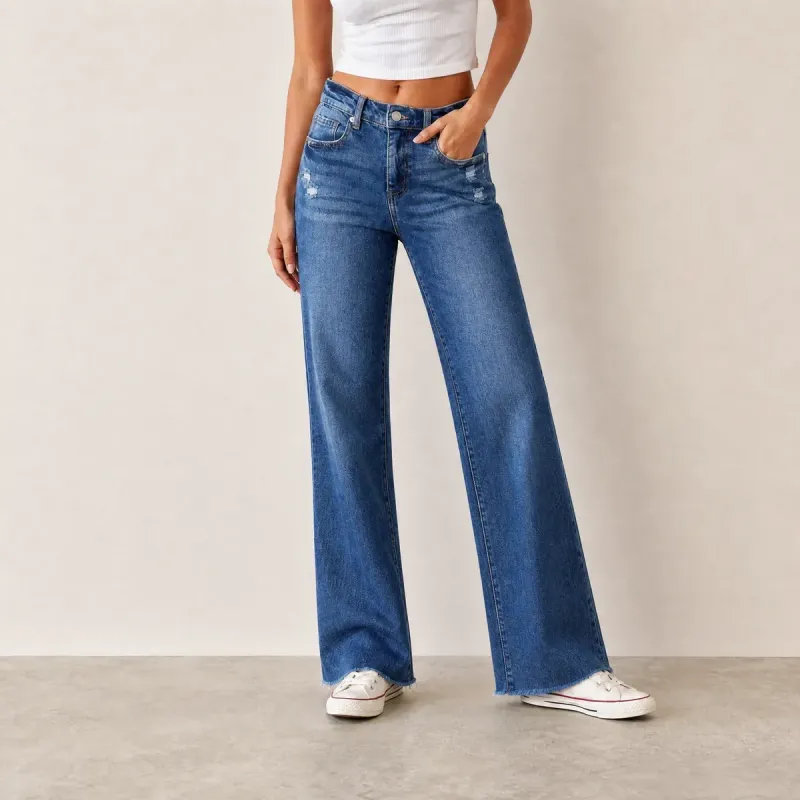 Jeans Wide Leg Azul Medio con Ruedo Deshilachado