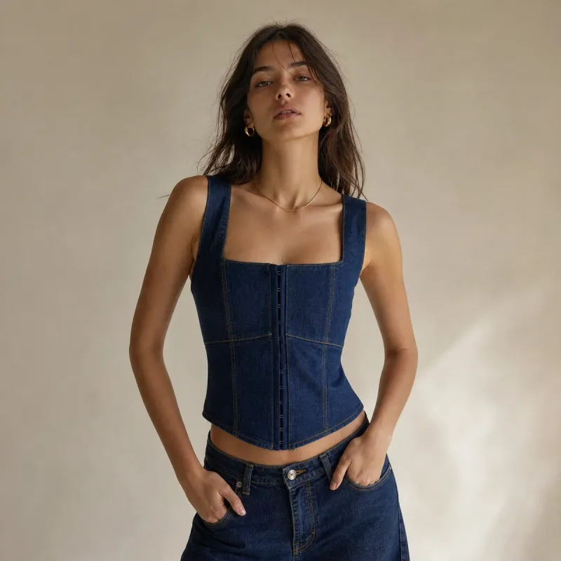 Corset de Mezclilla Azul Oscuro con Broches