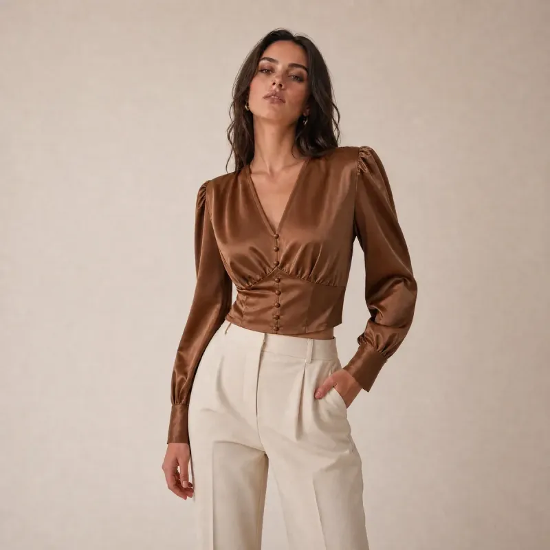 Blusa de Satín Manga Larga Cuello V