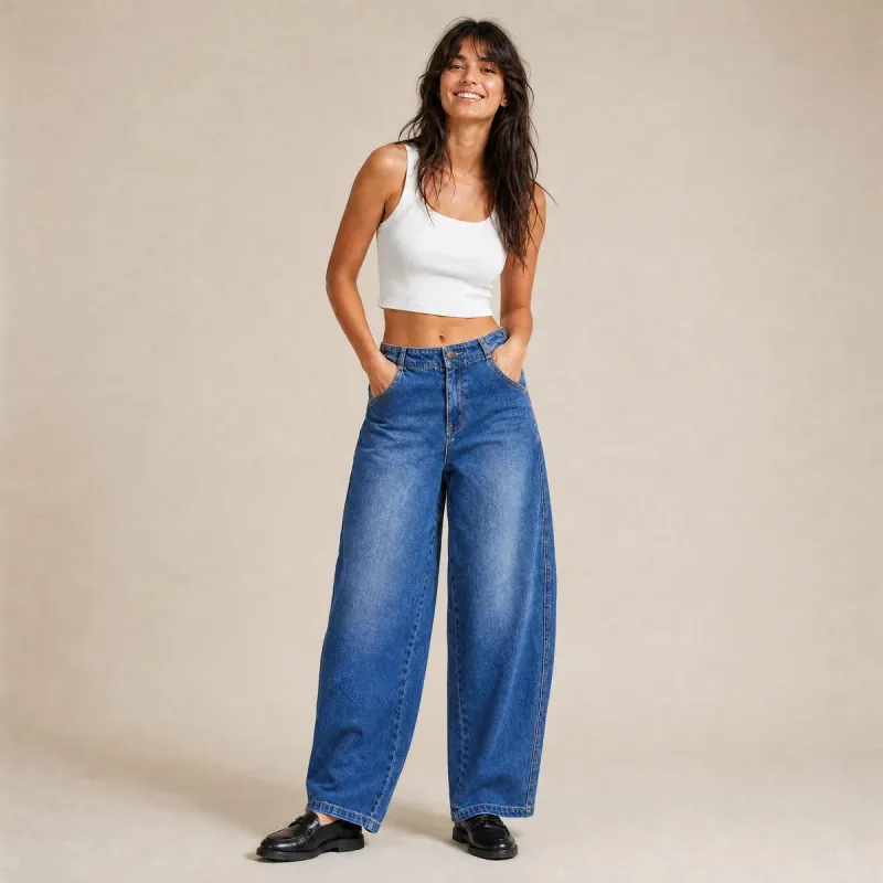 Jeans Barrel Azul Medio de Tiro Medio | BALAM