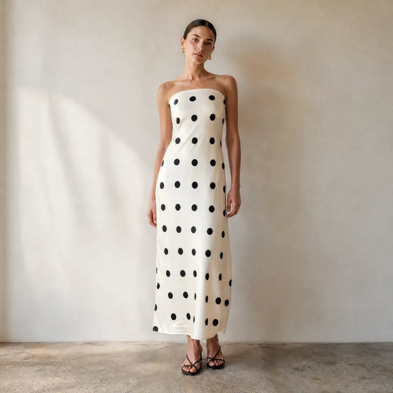 Vestido Largo Strapless de Satín con Lunares