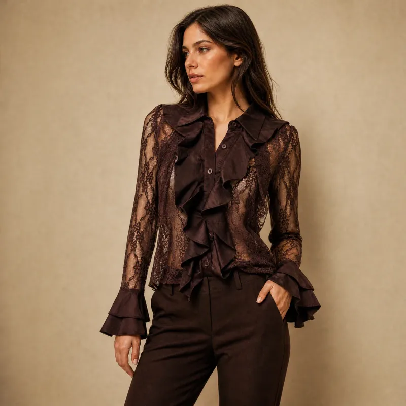 Blusa de Encaje con Holanes y Cuello Jabot