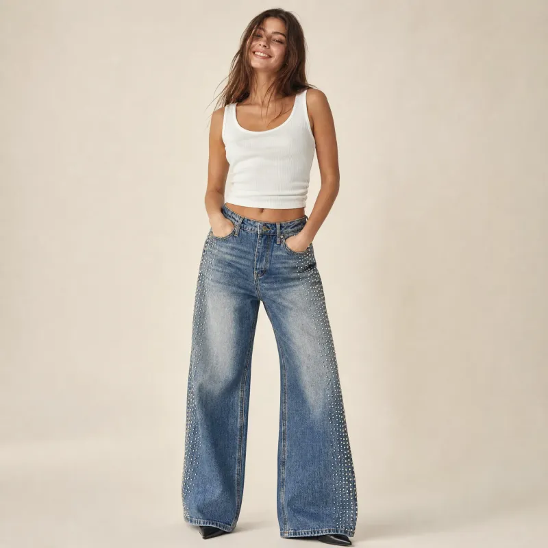 Jean Wide Leg Con Tachuelas Denim Azul Medio Deslavado