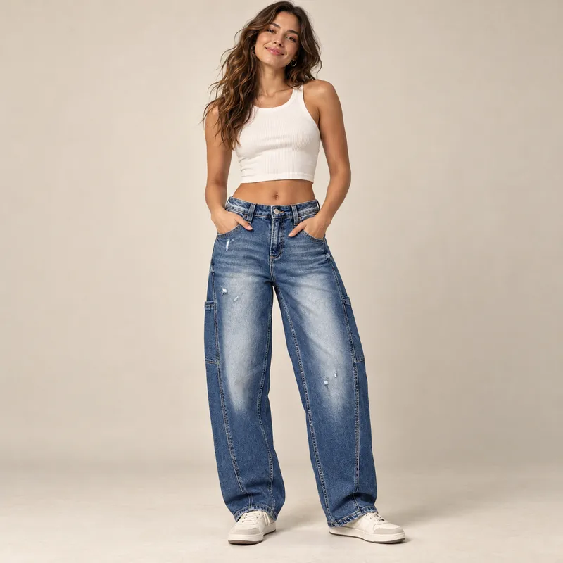 Jeans Cargo Barrel Cut Azul Medio Deslavado