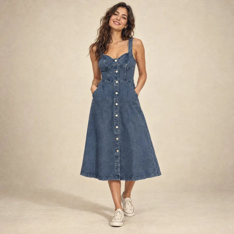 Vestido Denim Bustier Botonadura Frontal Lavado Medio