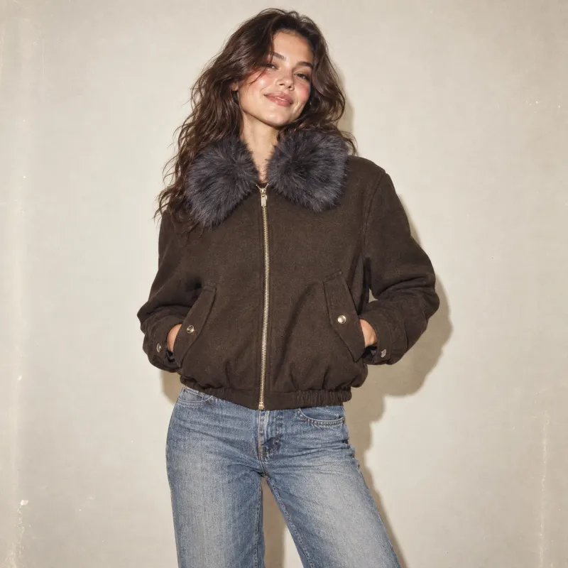 Bomber Wool Con Cuello De Pelo Sintético