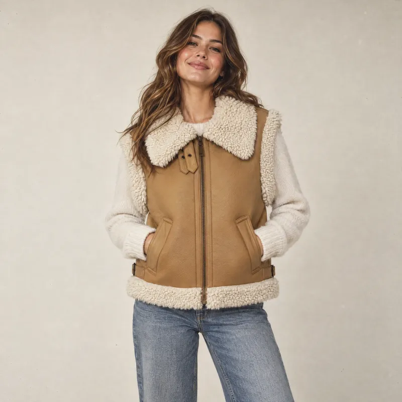 Chaleco Shearling Con Cremallera Camel