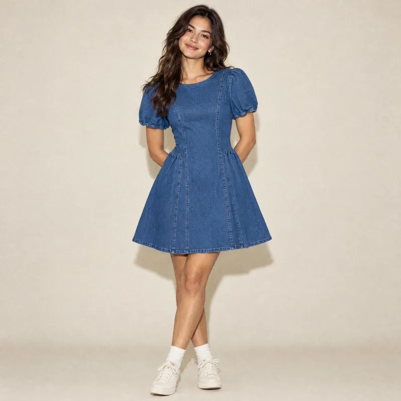 Vestido Denim Puff Sleeve Fit & Flare Azul Medio