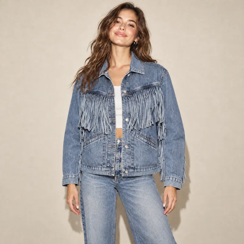 Chamarra Denim Con Flecos Western Azul Medio