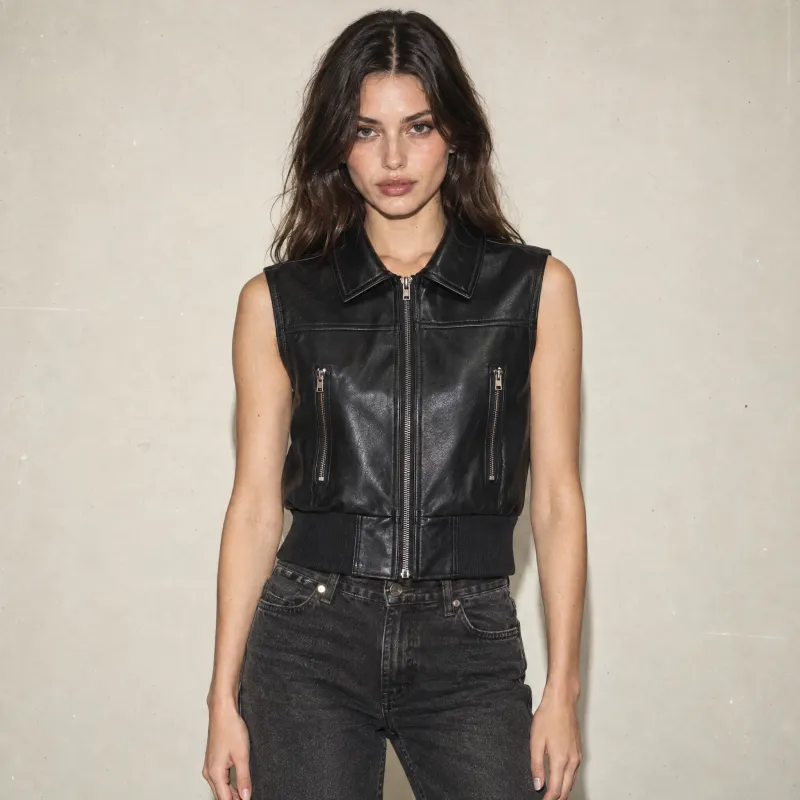 Chaleco Bomber Leather Look Con Zippers 