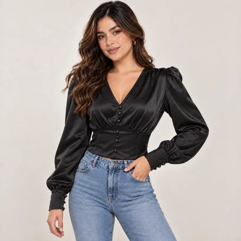 Blusa Satinada Corset Con Manga Farol Y Botones