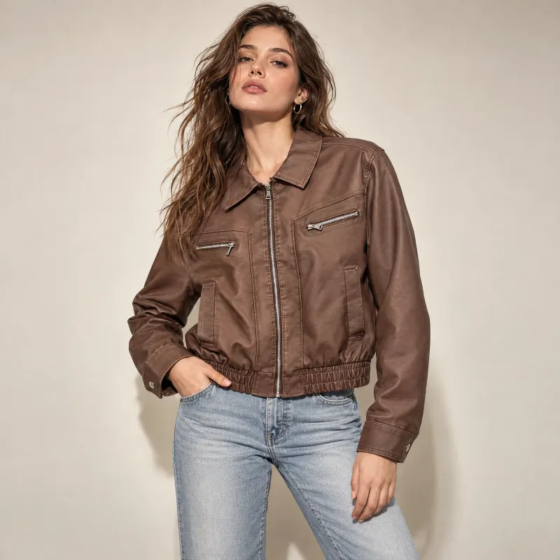 Bomber Faux Leather Smocked Hem 
