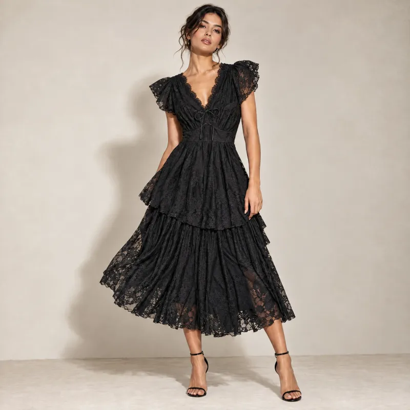 Vestido De Encaje Escalonado Con Moño Negro