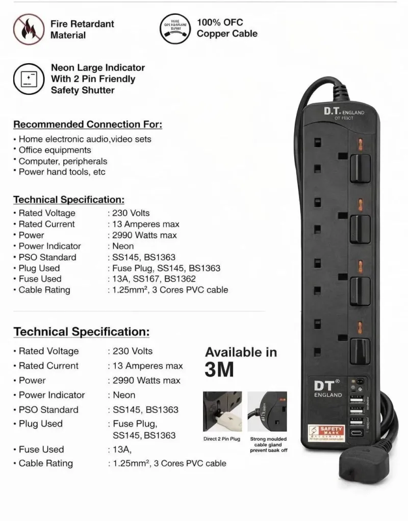 Black Electrical Socket (4 Sockets)