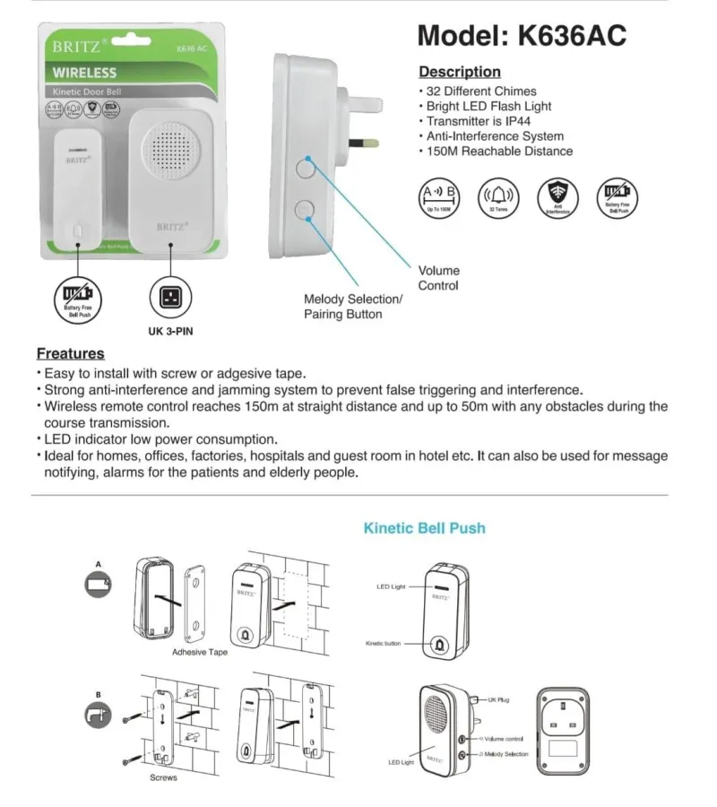 K636AC Wireless Kinetic Door Bell