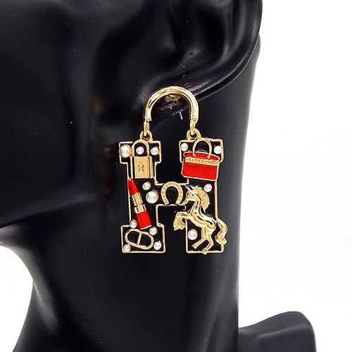 "H" Earring Enamel Charms of A Lipstick, Handbag, and… — Black, Gold-Tone