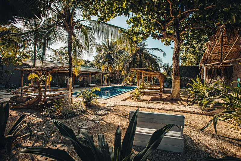 Jardín tropical con la piscina al fondo