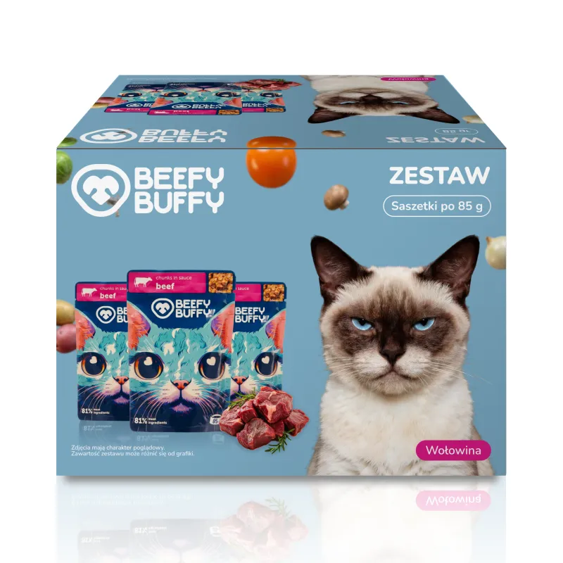 BEEFY BUFFY Zestaw Kawałki w sosie | Wołowina | dla dorosłych kotów | 85 g