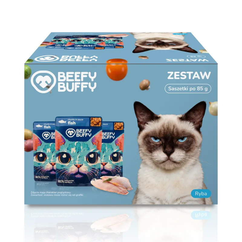 BEEFY BUFFY Zestaw Kawałki w sosie | Ryba | dla dorosłych kotów | 85 g