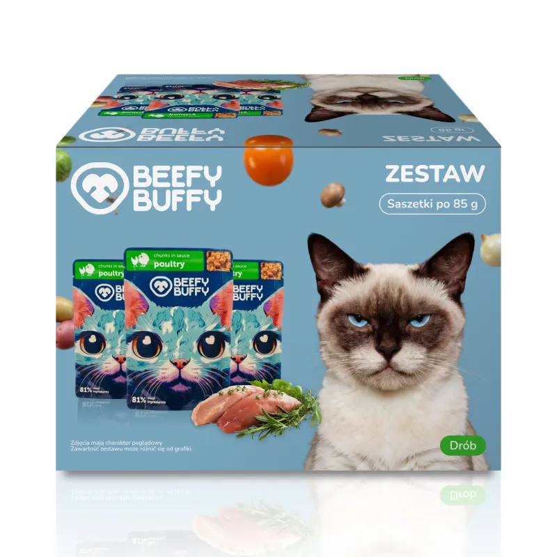 BEEFY BUFFY Zestaw Kawałki w sosie | Drób | dla dorosłych kotów | 85 g