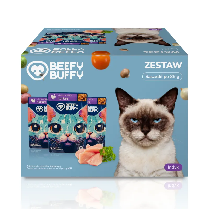 BEEFY BUFFY Zestaw Kawałki w sosie | Indyk | dla dorosłych kotów | 85 g