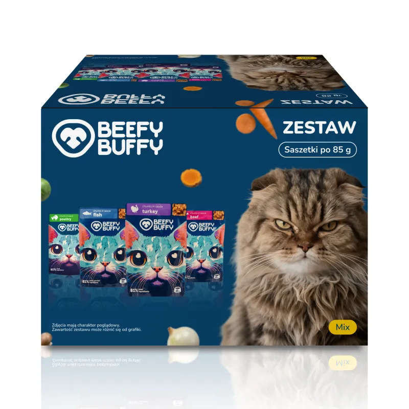 BEEFY BUFFY Zestaw Kawałki w sosie | 4 smaki | dla dorosłych kotów | 85 g
