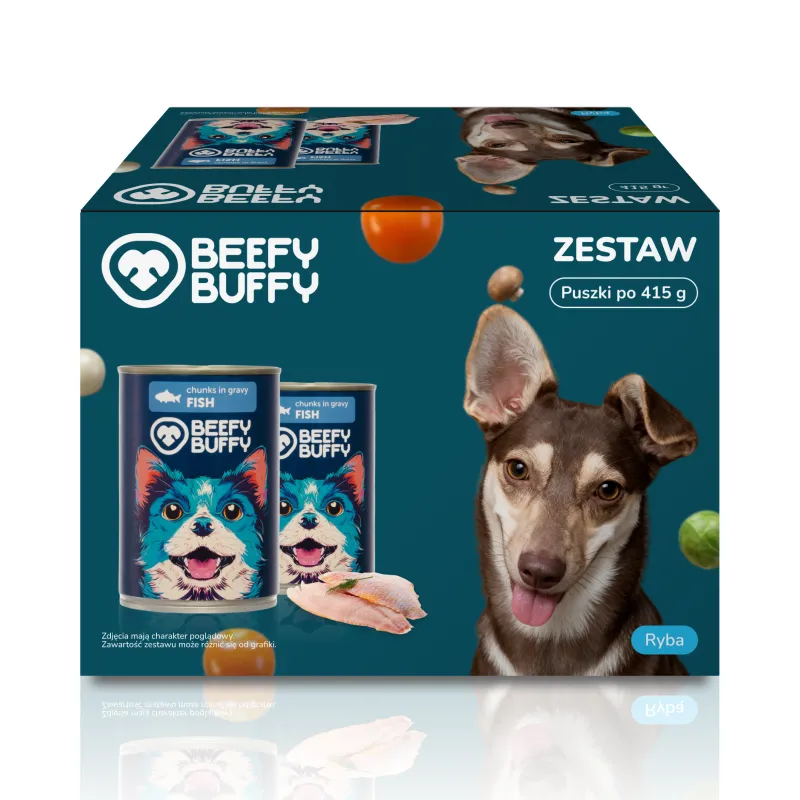 BEEFY BUFFY Zestaw Kawałki w sosie z rybą | dla dorosłych psów | 415g