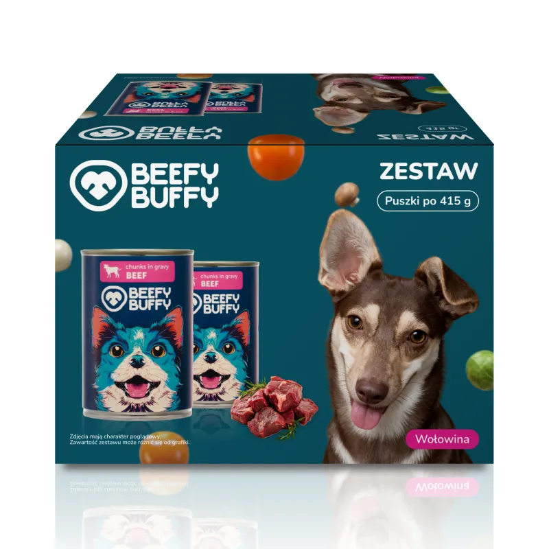 BEEFY BUFFY Zestaw Kawałki w sosie z wołowiną | dla dorosłych psów | 415g