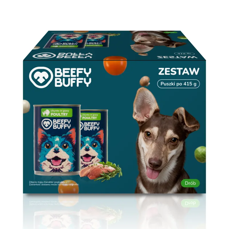 BEEFY BUFFY Zestaw Kawałki w sosie z drobiem | dla dorosłych psów | 415g