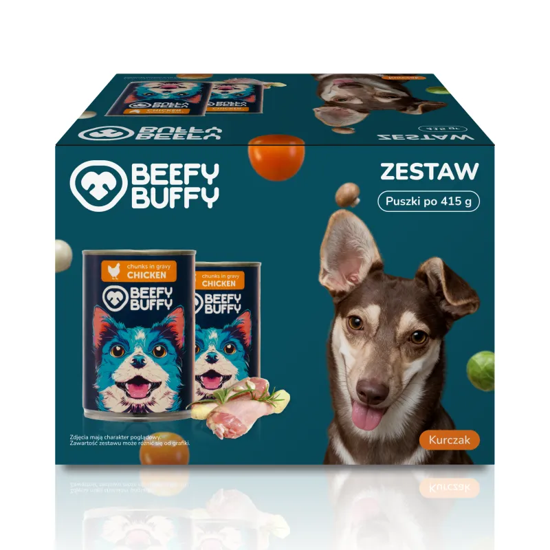 BEEFY BUFFY Zestaw Kawałki w sosie z kurczakiem | dla dorosłych psów | 415g