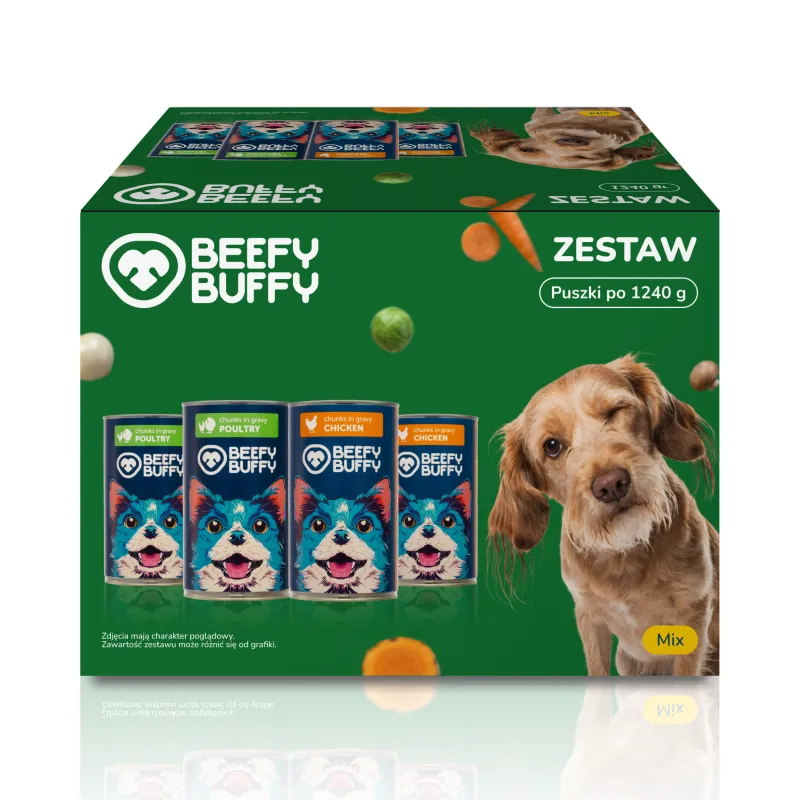 BEEFY BUFFY Zestaw Kawałki w sosie | Drób i Kurczak | dla dorosłych psów | 1240g