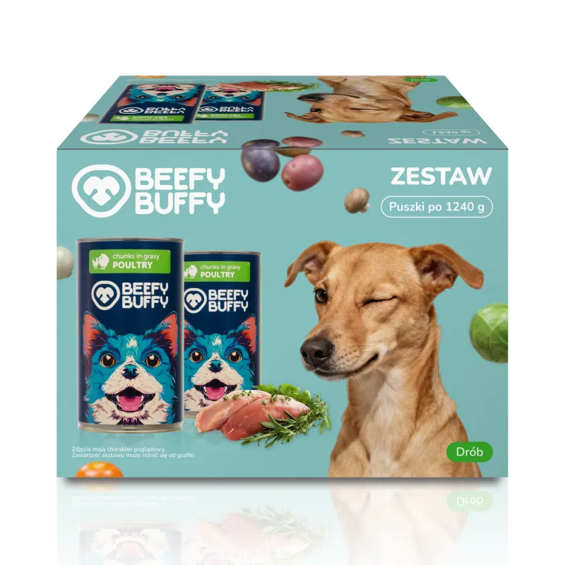 BEEFY BUFFY Zestaw Kawałki w sosie z drobiem | dla dorosłych psów | 1240g