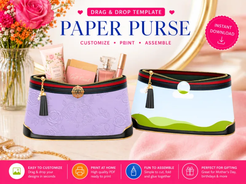 Editable Paper Purse Canva Template, Drag and Drop Gift Bag Design