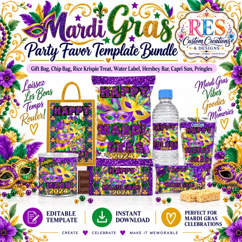 Mardi Gras Party Favor Template Bundle