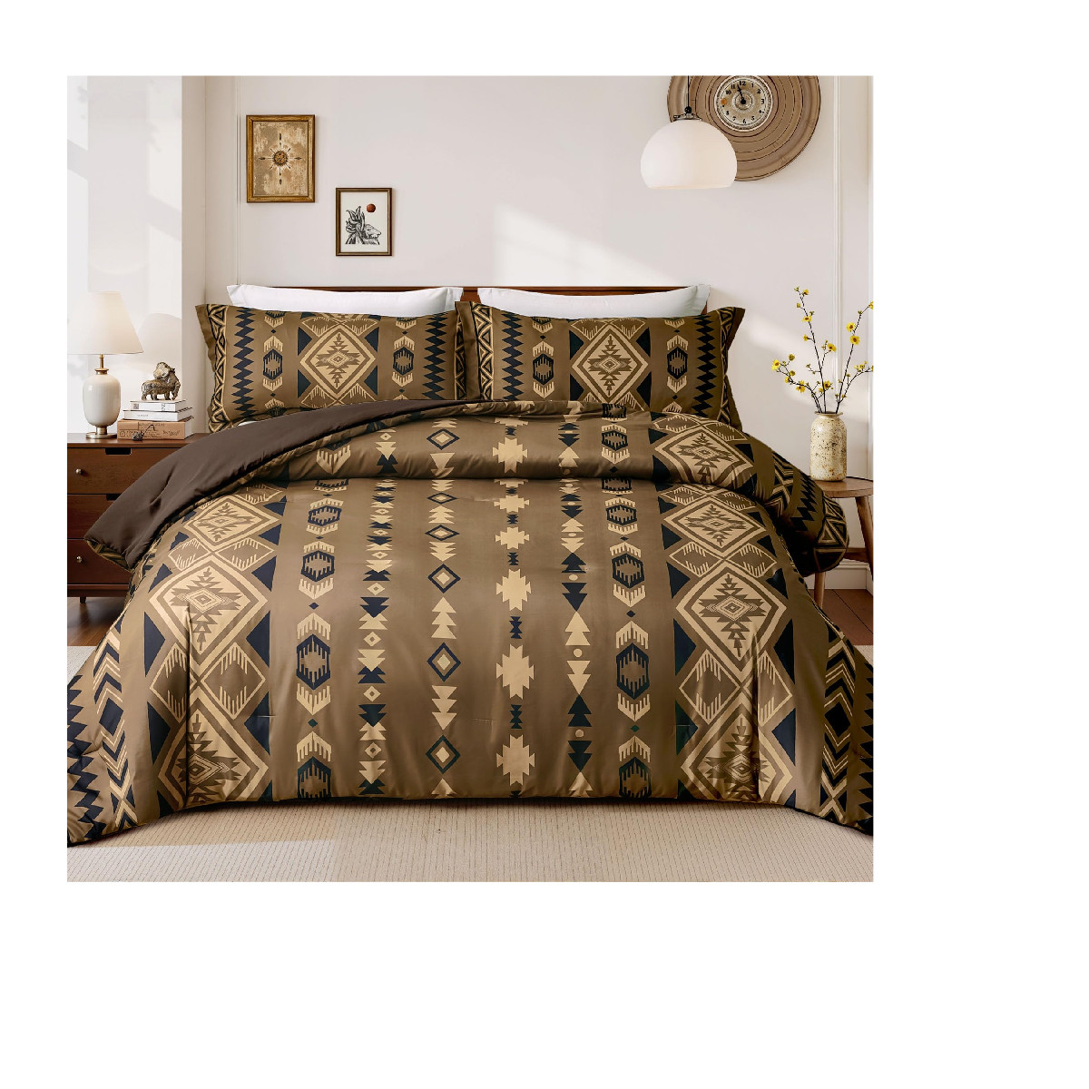 Boho Aztec King Comforter Set, 3-Piece Dark Brown